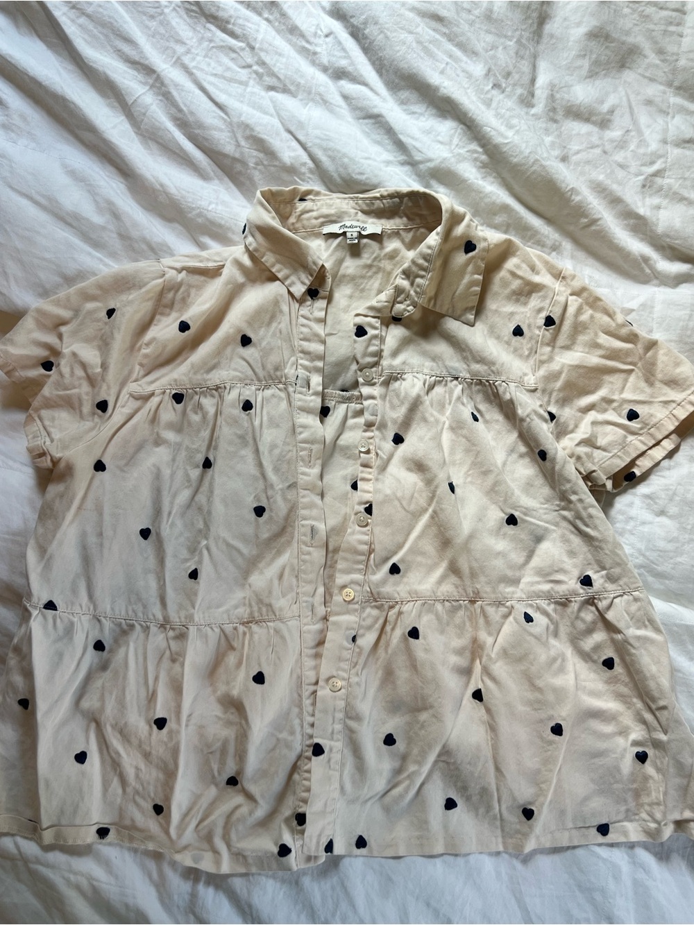 Women’s Madewell Cream Short-Sleeve Button-Down Shirt with Blue Heart Embroidery